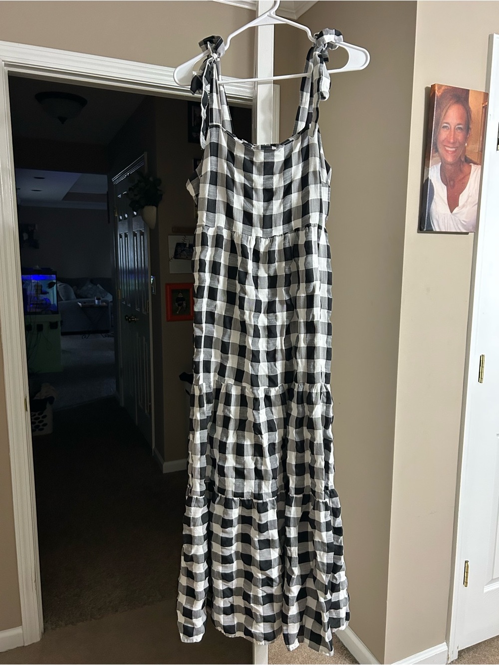 Black and White Gingham Tie-Shoulder Maxi Dress